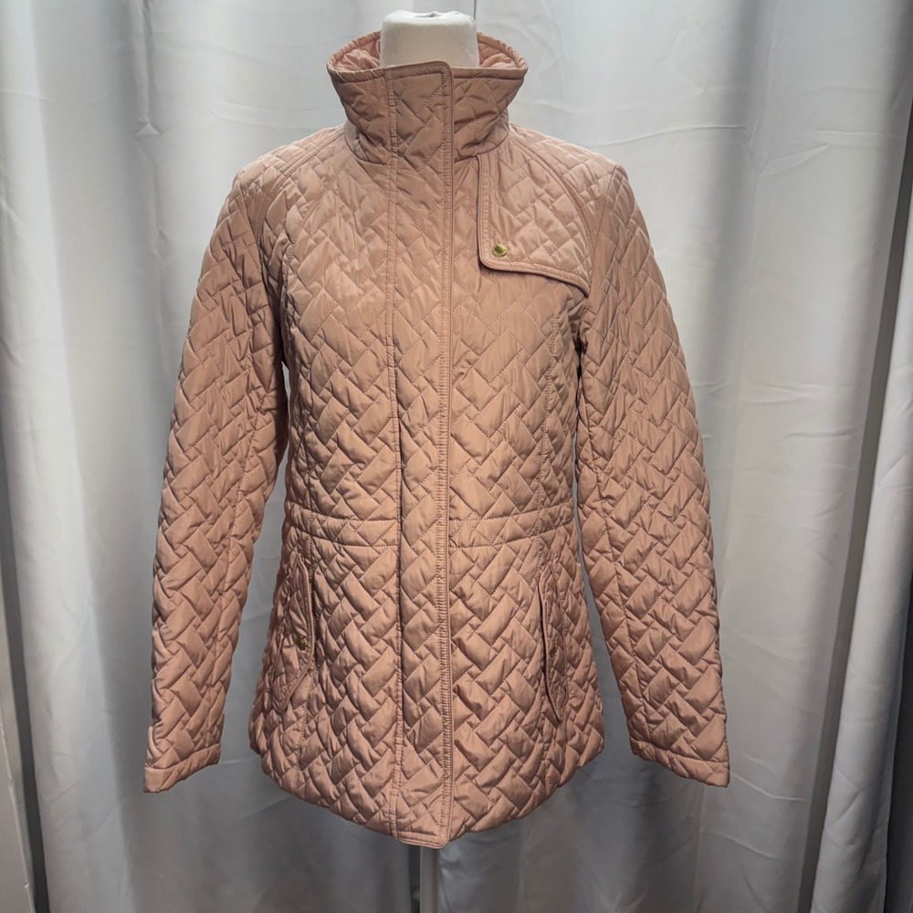 Cole Haan Signature Quilted Jacket Dusky Pink Front Zip Gold Accents Winter Coat